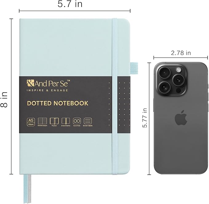 &And Per Se Dotted Journal Notebook, A5 Hardcover Leather Bullet Dotted Journal, 160 Pages 100 gsm Thick Dotted Paper,3 Sheets of Stickers Included - 5.7'' x 8''(Cyan)