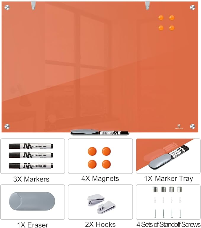TSJ OFFICE Glass Dry-Erase Board - 36 x 24 Inches Wall Mounted Magnetic Whiteboard, Large Frameless Glass White Board for Office, Home & School, Orange