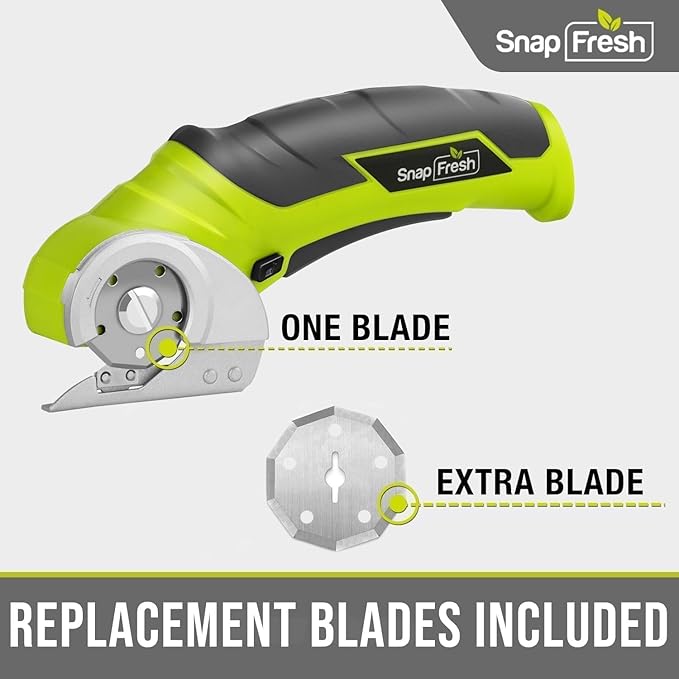 SnapFresh Cordless Electric Scissors, 4V Electric Mini Box Cutter, Carpet & Cardboard Cutter Tool with a Replacement Blade/Charger, Rotary Cutter for Cardboard Packages Leather Plastic (Green)