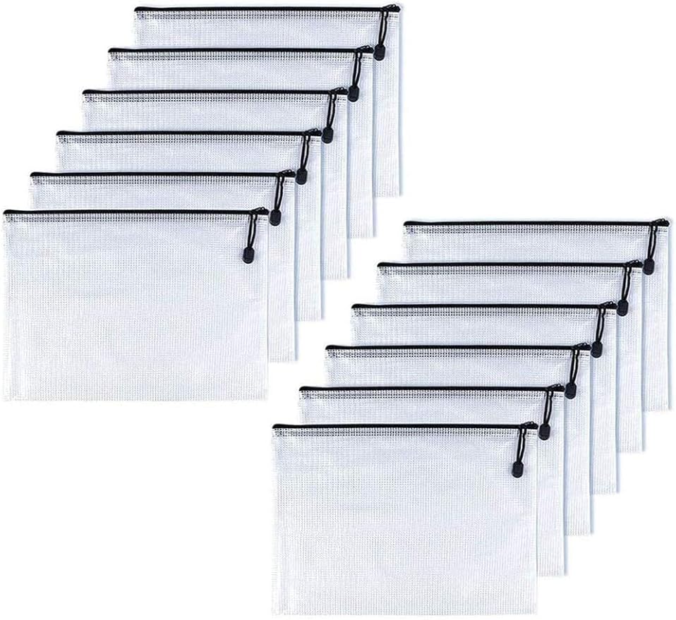 Oaimyy-A3(17"x 11.5",12 Pcs), Mesh Zipper Pouch Document Folders Bag & Plastic Zip File Folders for School Office Supplies, Travel,Puzzles Games Organizing Storage-Black