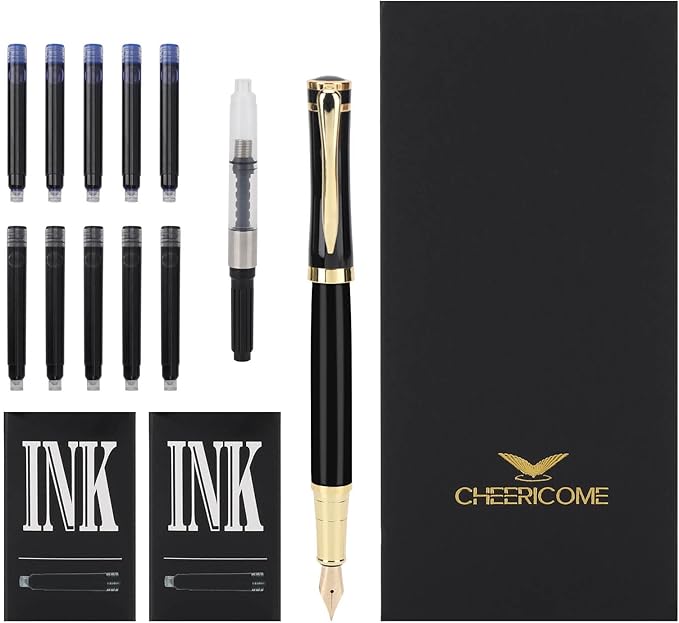 Cheericome Fountain Pen - Ink Pen for Smooth Writing - Exquisite Fountain pen gift set for Men & Women - Fountain Pen Fine Nib,Includes 10 Ink Cartridges and Ink Refill Converter - Black