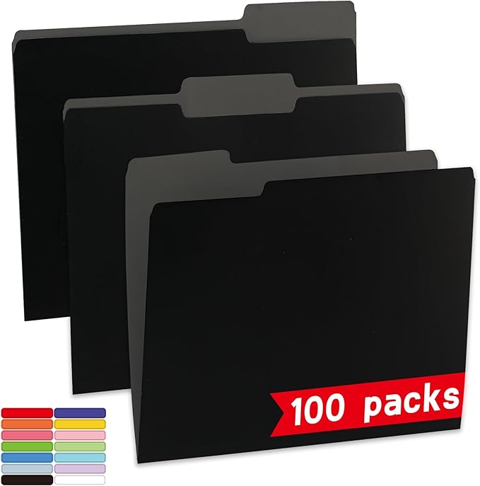 100 Packs Black File Folder,File Folders Letter Size,1/3-Cut Tabs,8.5x11 File Folders for Office,School and Home,Organizer File Folder