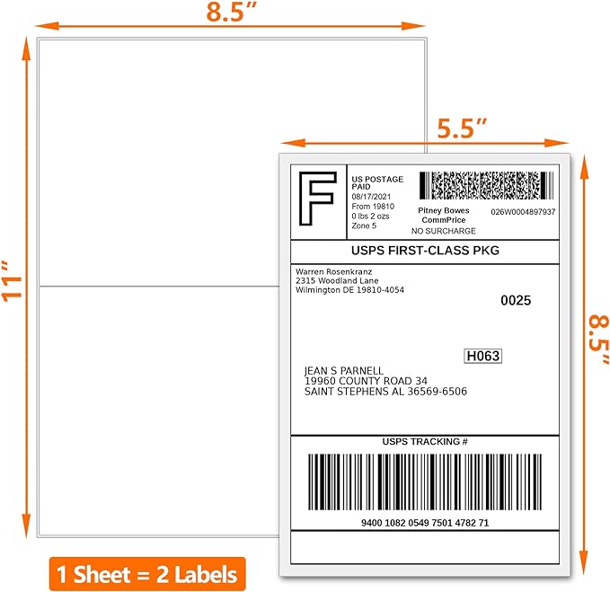 Half Page Self Adhesive Shipping Labels, 8.5" x 5.5" Shipping Labels Compatible Laser & Inkjet Printer 2 Label Per Sheet (250 sheets-500 Label)