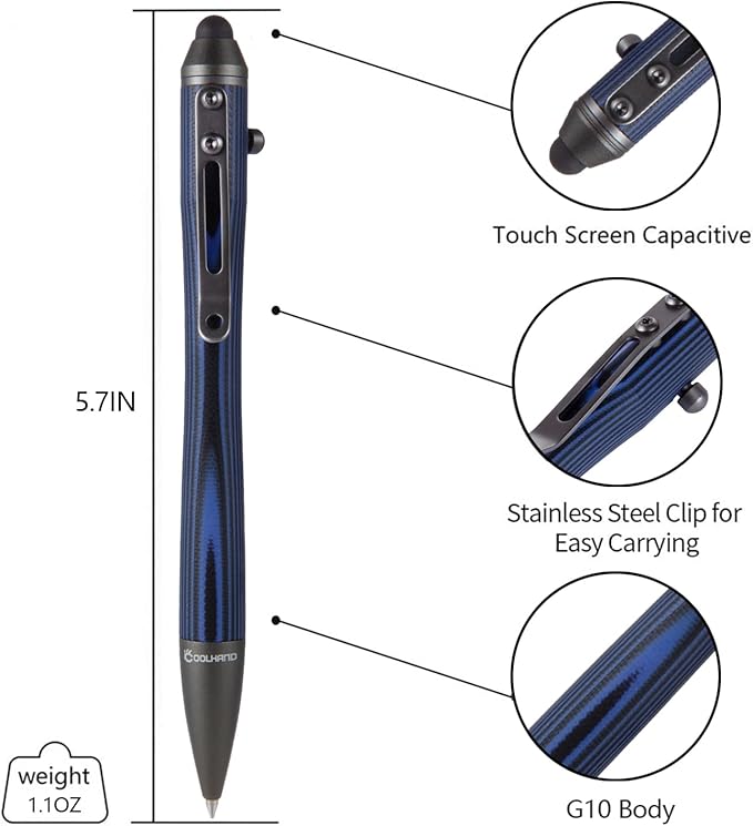 Cool Hand 5.7'' Bolt Action Pens, EDC Ballpoint Ink Refillable, Stylus for Touch Screen, G10 Body w/Pocket Clip, Ergonomic Grip, with a Free Refill, 5374-N