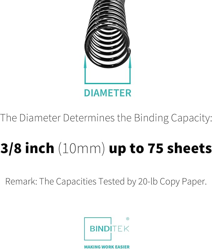 Binditek 50 Pack Plastic Spiral Binding Coils, 10mm(3/8"), 75 Sheet Capacity, 4:1 Pitch, Black, 48Loops, for Letter Size, for Students and Coworkers