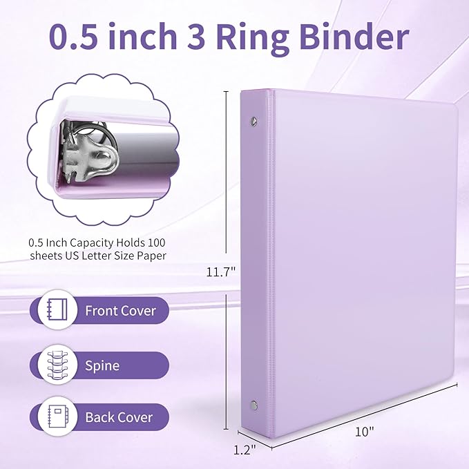 0.5 inch 3-Ring Binder, 1/2 inch Round Ring Binder with 2 Inside Pockets, Clear View Cover Binders Holds 8.5'' x 11''Paper,Pastel Color Binders for Office/Home/School Supply, 6 Pack
