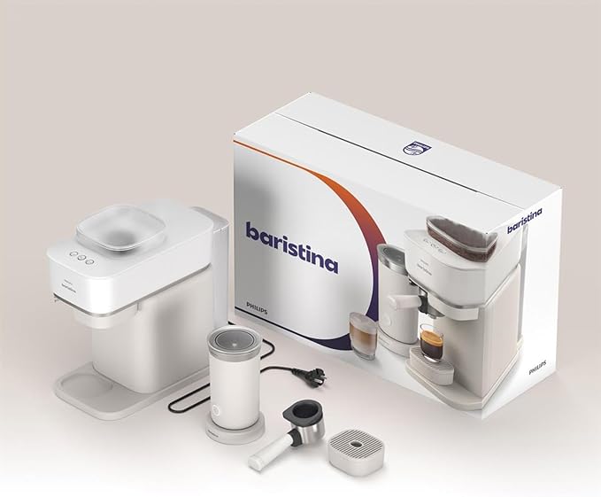 Philips Baristina Espresso Machine+Milk Frother Bundle. Real espresso. Compact coffee machine, portafilter, grinder, Cafe Crema. Dairy & Non-Dairy Milk foam. Hot & Cold. Easy Clean. White (BAR303/00)