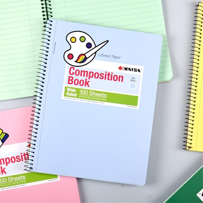 KAISA Colored Paper Spiral Notebook, Wide Ruled 7-1/2"x 9-3/4" Wirebound 1 Subject Notebooks, 100 Sheet/pad 4Pads/Pack, SC10001W
