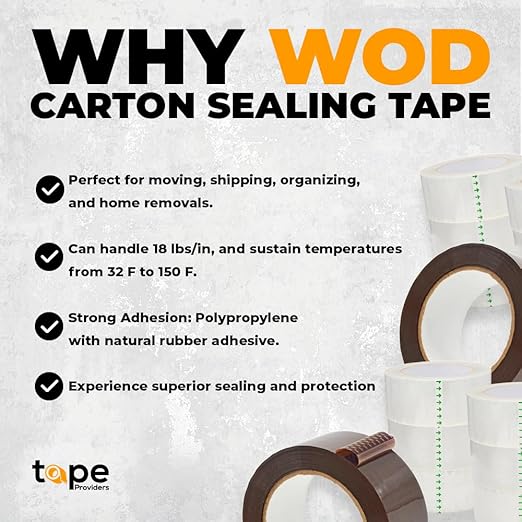 WOD CST20WBA Clear Packing Tape - 2" in. x 60 Yards Per Roll (6 Rolls) - Strong Heavy-Duty Industrial Shipping Box Packaging Tape for Moving, Office, & Storage