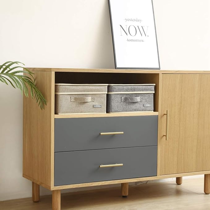 YueYue 4 Pack Small Fabric Storage Box with Lids, Foldable Linen Storage Box with Lids 4 Pieces Gray&Linen Set 12.4in/12in/6.7in