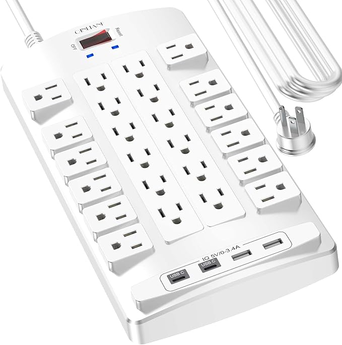 QINLIANF Surge Protector Power Strip - 20Ft Flat Plug Heavy Duty Extension Cord with 24 Outlets and 4 USB Ports(2 USB-C Ports), 1875W/15A, 4100J, for Home, Office, Dorm, ETL Listed, White