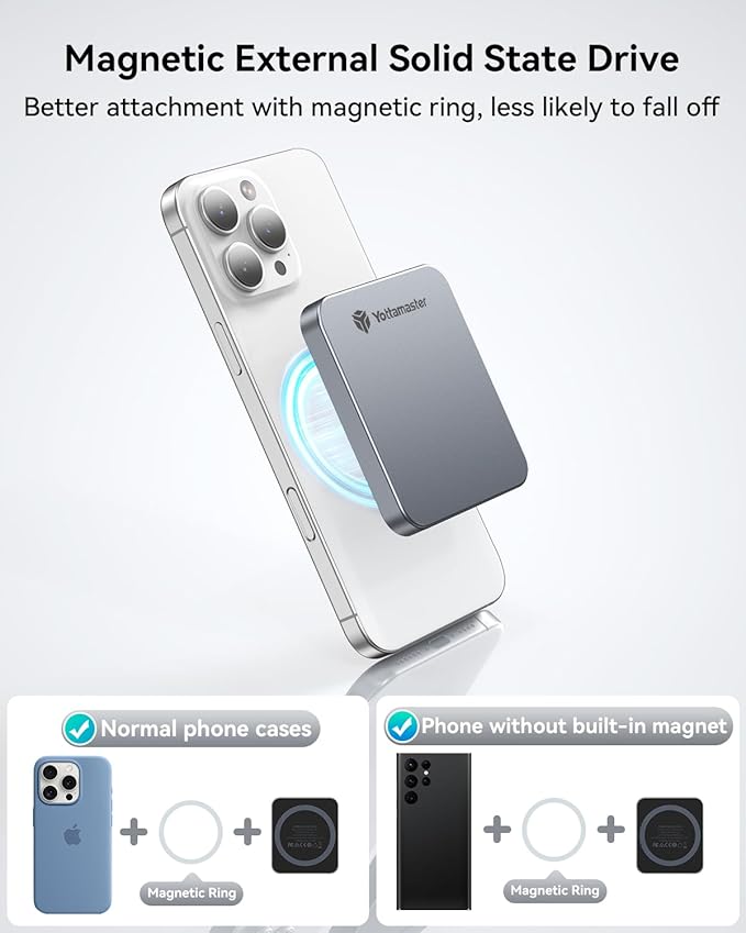Yottamaster 512GB Magnetic External SSD, Up to 2000MB/s USB 3.2 Gen 2x2 Portable Solid State Drive, Supports 4K ProRes HDR Compatible with iPhone 16/15 Pro Max, Smartphone, Tablet, Laptop