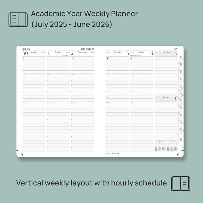 POPRUN Planner 2025-2026, (Medium 6.5'' x 8.5'' Hard Cover) Academic Calendar (July 25-June 26) Daily Weekly and Monthly Appointment Book with Hourly Time Slots, Monthly Tabs, 100 GSM - Black