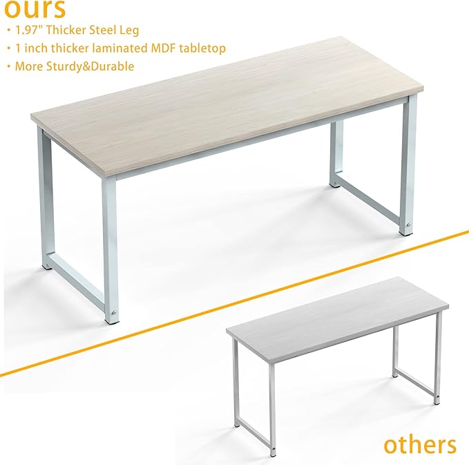 NSdirect Large Office Desk for Home Office, Large 63" Computer Desk Table, Wide Writing Study Desk for 2 Person, Metal Sturdy Frame Thicker Steel Legs, (White Oak, 63"L x 23.6"W x 29.5"H)