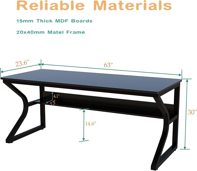 Extra Long Desk with Bookshelf - 63" Double Long Writing Table for 2-Person Workstation, Modern Study Work Computer Desk for Home and Office, Black