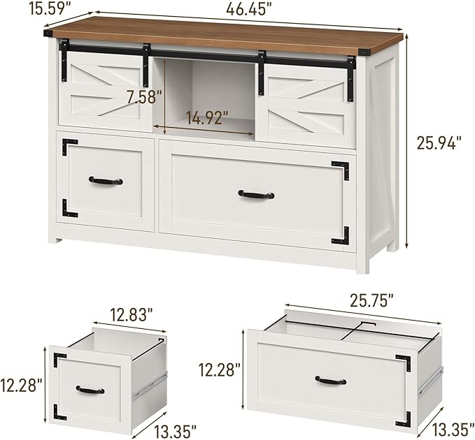 Lateral File Cabinets 2 Drawer with Sliding Barn Doors, Farmhouse Filing Cabinet with 2 Drawer for Home Office,Filing Organization Storage Cabinets for Hanging Files Letter/Legal/F4/A4.(Brown.)