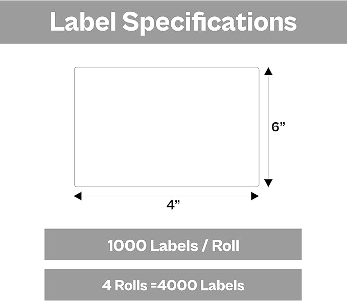 PSBM Thermal Transfer Labels, 4x6 Inch, 4 Rolls, 1000 Labels/Roll, 3 Inch Core, Perforated, Must Have Thermal Ribbon (Not Included)