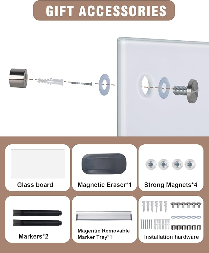 Magnetic Glass Whiteboard,36"x24" Wall Mounted Frameless Dry Erase Board for Office, Home & School Ultra White