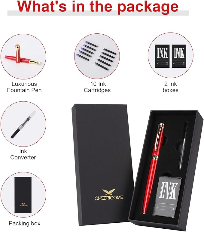 Cheericome Fountain Pen - Luxury Fountain pen set for Men & Women - Ink Pen for Smooth Writing - Fountain Pen Fine Nib,Includes 10 Ink Cartridges and Ink Refill Converter - Red
