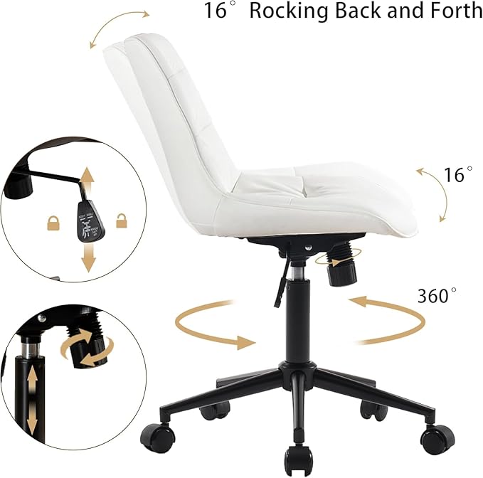 Kidol & Shellder Faux Leather Office Chair, Adjustable Swivel Height Task Chair, Rolling Wheels & Soft Backrest - Armless Ergonomic Desk Chair for Home, Office,Vanity,Gaming(White)