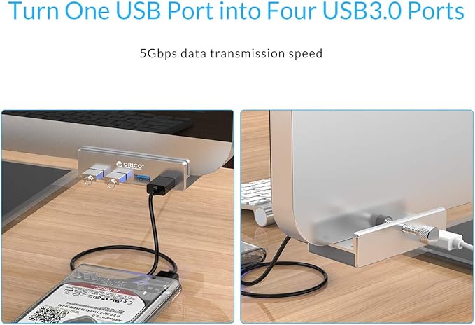 ORICO USB 3.0 Hub Clamp Adapter, Aluminum 4-Port USB Splitter with Extra Power Supply Port and 4.92 FT USB Data Cable, Ultra-Portable USB Expander for 2021 iMac/Laptop/PC