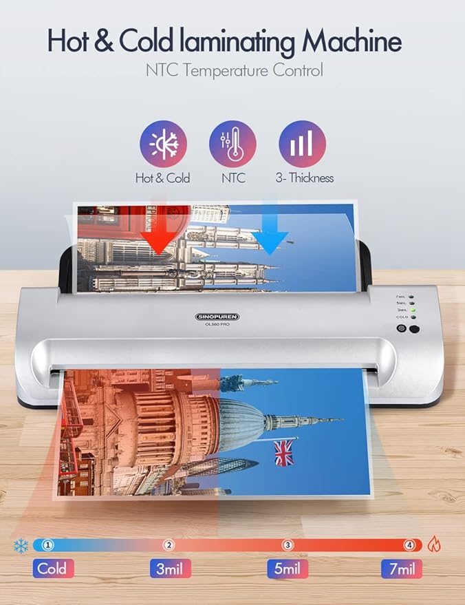 Laminator Machine, SINOPUREN 13-inch Thermal Laminator, with Paper Trimmer, Corner Rounder, 10 Pouches Sheets, Quick Warm-Up, Cold and Hot Laminating for Home/School/Office