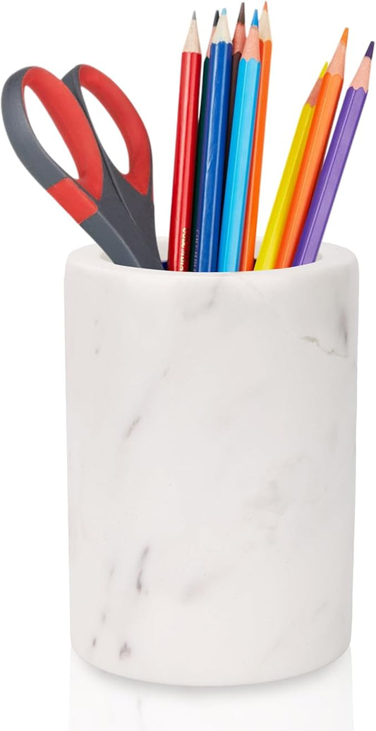 WORHE Natural Marble Pen Holder for Desk, Handcrafted Volakas Sturdy Desk Organizer for Office Supplies Storage Desktop Stationary Makeup Brushes Cup Pencil Holders for Home White (DL002)