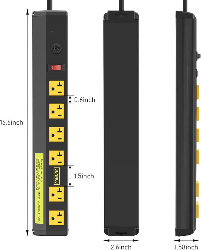 JUNNUJ Heavy Duty Metal Power Strip 20 Amp, High Amp Surge Protector 6 Outlet, 20A Power Strips Workshop Industrial Outlets Wide Spaced 6-20R T-Slot with Circuit Breaker, 12 Gauge Extension Cord 6ft