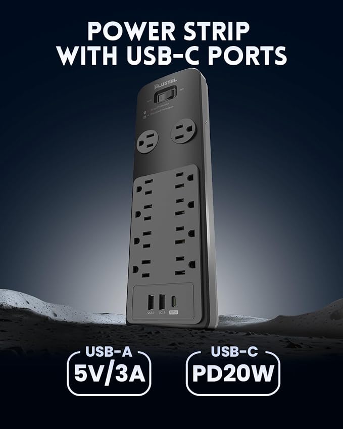 Surge Protector Power Strip 10FT, PLUGTUL Surge Protector with 10 Outlets - Spacious Design for Large Plugs, Flat Plug, 20W USB C Charging for Home, Office, ETL Listed,2040J