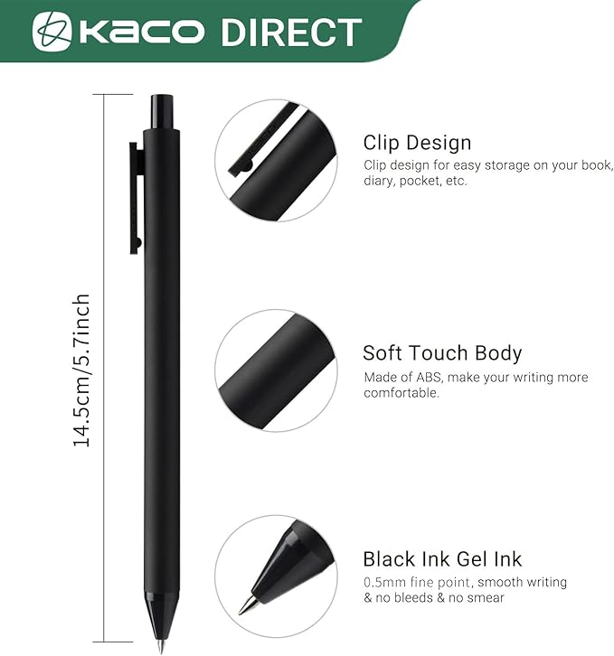 Kaco PURE Black Gel Pens, 20 Pieces 0.5 mm Fine Point Aesthetic Pens Quick Drying Smooth Writing Stationery Office Supplies (20 Black Ink)