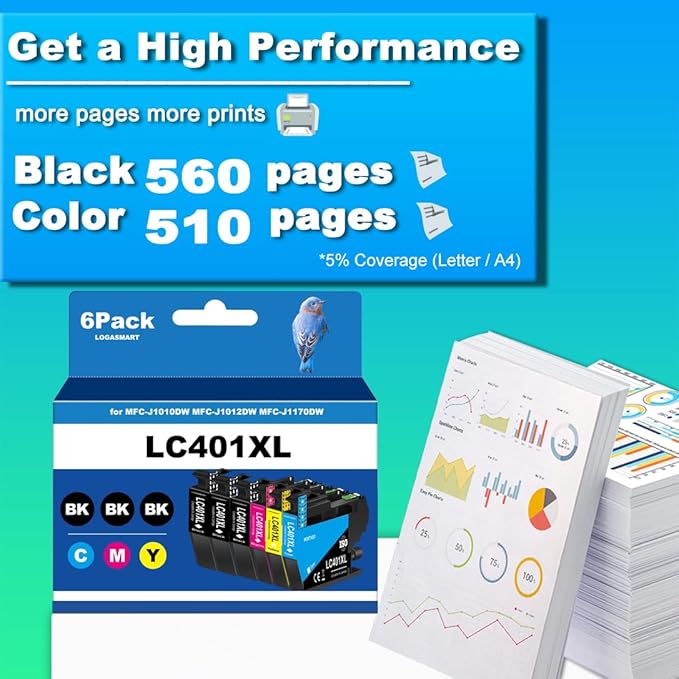 LC401XL Ink Cartridges for Brother Printer Compatible for LC401 Ink Cartridges for MFC-J1010DW MFC-J1012DW MFC-J1170DW Printer 6 Pack (3 Black, 1 Cyan, 1 Magenta, 1 Yellow)