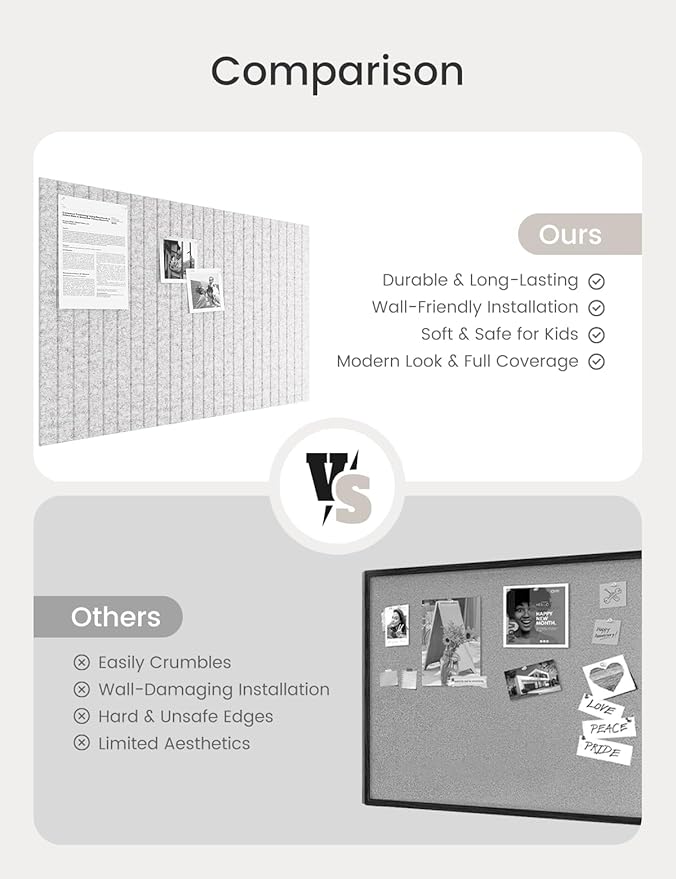 Bumusty Large Cork Board Alternative-36 x24 Felt Bulletin Board Tiles, with 30 Pushpins, 40 Adhesive Tabs, 6-Pack Slat Wall Paneling, Cork Boards for Office Push Pin Board Felt Board-Marble Gray