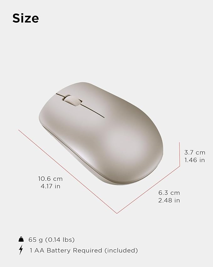 Lenovo 530 Wireless Mouse with Battery, 2.4GHz Nano USB, 1200 DPI Optical Sensor, Ergonomic for Left or Right Hand, Lightweight, GY50Z18988, Almond