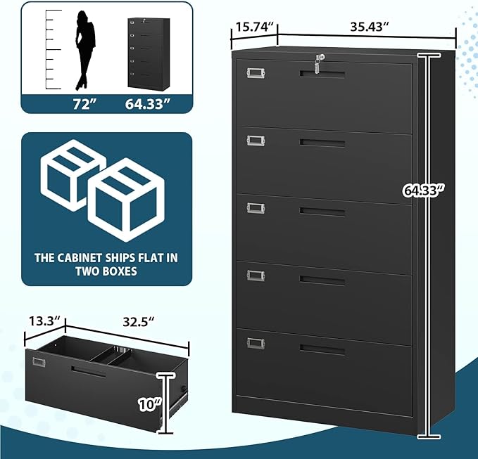 Lateral Filing Cabinet,5 Drawer File Cabinet with Lock,Office Lateral File Cabinets for Legal/Letter A4 Size,Require Assembly, Black