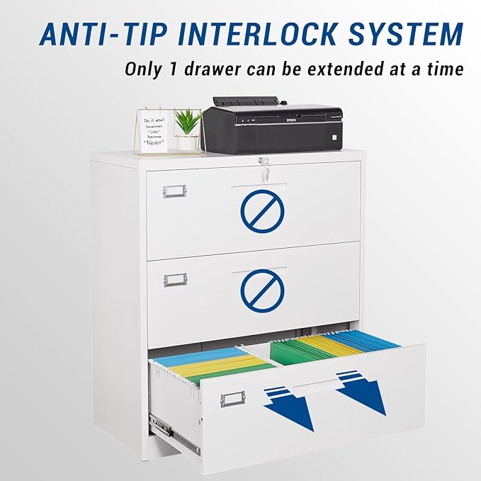 Lateral File Cabinet with Lock, 3 Drawer Large Metal Filing Cabinet,Home Office Lockable Storage Cabinet for Hanging Files Letter/Legal/F4/A4 Size-Assembly Required