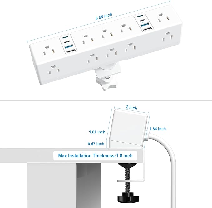 Desk Clamp Power Strip, 40W Fast Charging Station, VILONG Desktop Mount Surge Protector, 8 USB Ports(4 USB-C), 10 AC Outlets and 3Ft Cord, for Home, Office, Fit 1.6" Tabletop Edge
