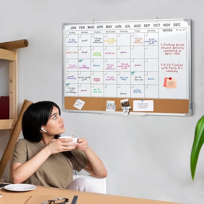 Calendar Whiteboard for Wall,24" x 18" White Board Calendar Dry Erase with Silver Aluminum Frame,Double Side Wall Hanging Board for Office,Home,Kitchen