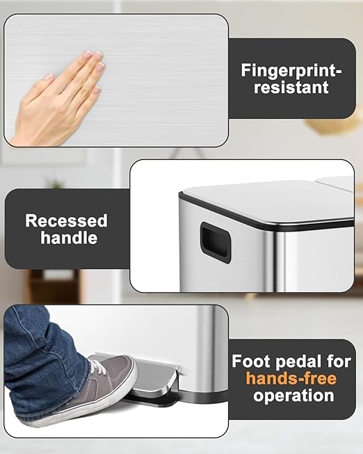 90L/23.8Gal Gallon Three-Compartment Pedal Stainless Steel Kitchen Recycling Trash Can with Odor Seal, Hands-Free Foot Operated Waste Bin for Home, Office, Restaurant, School, Hospital