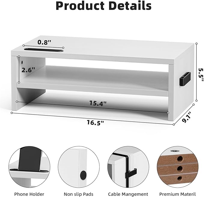 Marbrasse Monitor Stand Riser, 16.5 Inch 2 Tier Computer Printer Shelf Stand for Laptop Computer Screen Storage, Desktop Stand with Phone Holder and Cable Management (White)