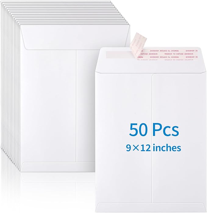 50 Pack Catalog Envelopes Self Seal, 9 x 12 Inches Catalog Mailing Envelopes,White Manila Envelopes for Mailing, Organize, Storage, Home, Office
