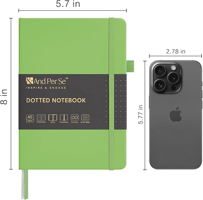 &And Per Se Dotted Journal Notebook, A5 Hardcover Leather Bullet Dotted Journal, 160 Pages 100 gsm Thick Dotted Paper,3 Sheets of Stickers Included - 5.7'' x 8'' (Pastel green)