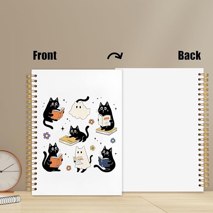 WUCHJ Halloween Ghost Black Cat Notebook, Cat Reading Journal for Book Lovers, Spooky Ghost Bookish Spiral Notebook Journal for Note Taking, Book Lover Gifts, Halloween Office Supplies, 5.5x8.3 Inch