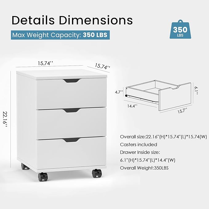 Farini Mobile File Cabinet for Home Office, 3 Drawer Chest Wood, Drawers Unit for Under Desk, Storage Drawers Cabinet White
