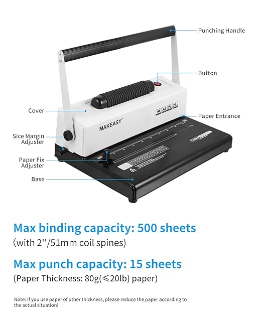 MAKEASY Coil Spiral Binding Machine - Manual Hole Punch - Electric Coil Inserter - Adjustable Side Margin - for Letter Size/A4/A5, Comes with 1 Box 5/16'' Plastic Coil Binding Spines & Plier