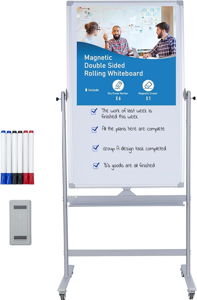 40" x 28" Double-Sided Mobile Whiteboard with Wheels | Rolling Magnetic Dry Erase Board on Stand | Adjustable Height Silver Frame White Board for Office, Classroom & Home