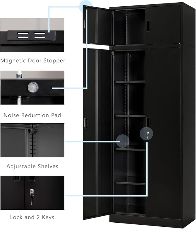 BESFUR Metal Storage Cabinet 87" H,Black Locking Storage Cabinets with Top Cabinet and 4 Adjustable Shelves for Home Office, Garage,School, Apartment, Warehouse, Utility Room