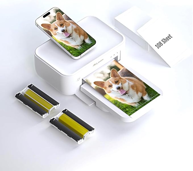 HPRT Photo Printer 4x6,+108Sheets&2ribbon,Instant Picture Printer for iPhone, Android, Smartphone,Portable Photo Printers for Home Use,Thermal Dye-Sublimation, AR Video Printing(White)
