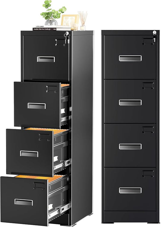 Crownland Lateral File Cabinet with 4 Drawers, 15" W Metal Lockable Office File Cabinets for Home Office- Stores Letter/Legal/A4/F4 Files(Black)