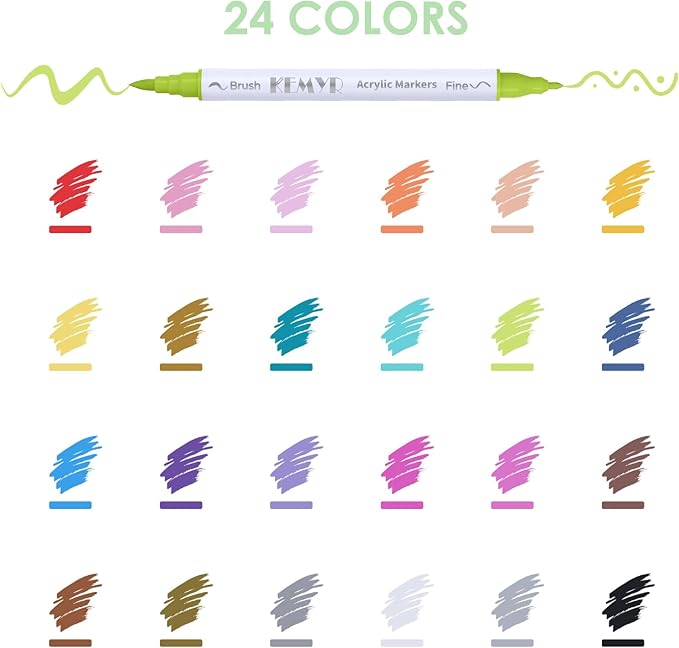 24 Colors Brush & Fine Tip Acrylic Paint Pens, Dual Tip Acrylic Paint Markers for Paper, Wood, Canvas, Stone, Rock, Glass, Fabric, DIY, Ceramic, Art Supplies for Kids and Adults Drawing