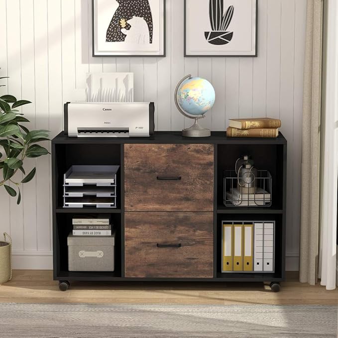 Tribesigns 2 Drawer File Cabinet, Large Mobile Lateral Filing Cabinet for Letter Size, Printer Stand with Storage Shelves and Rolling Wheels for Home Office (Black/Rustic)